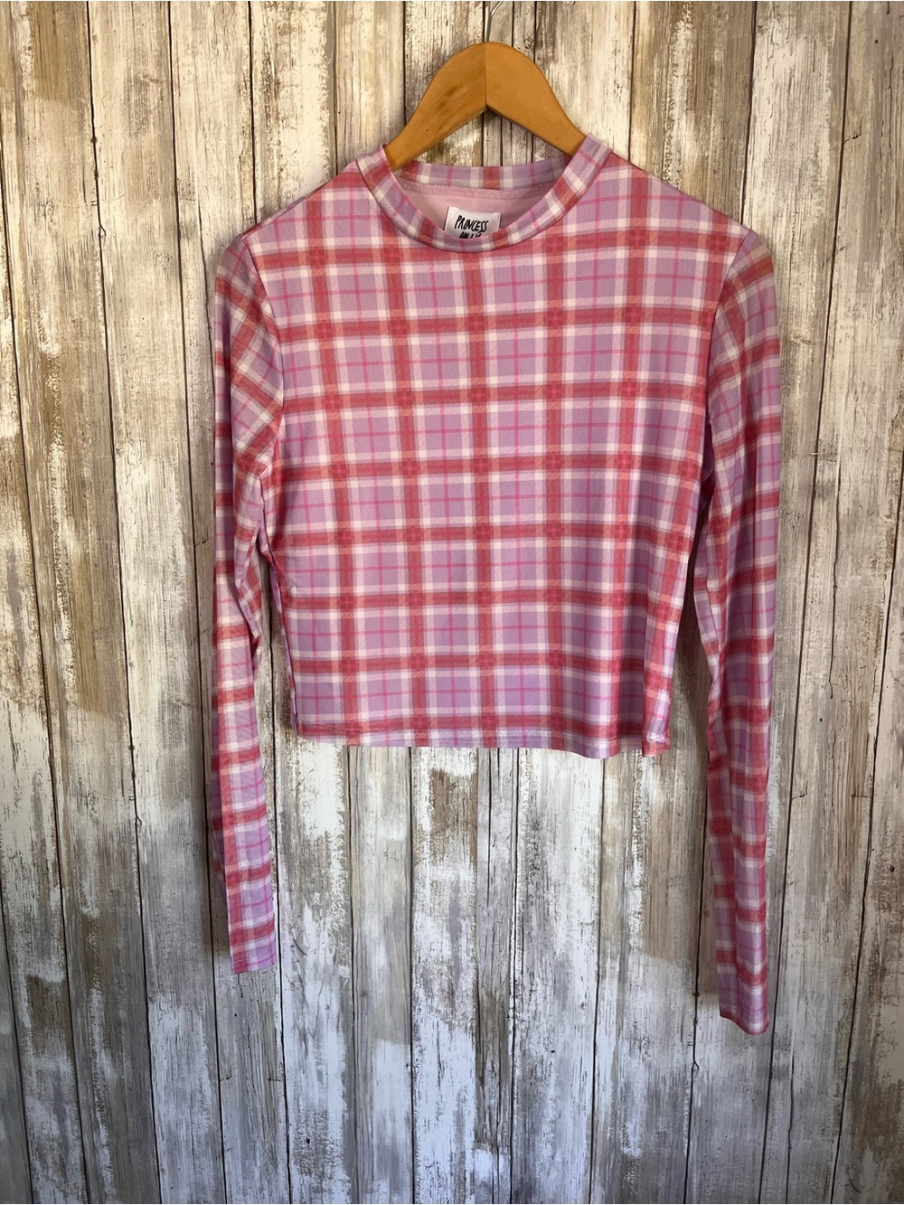 Princess Polly Alana Long Sleeve Top Size 8 Pink Purple Plaid Mesh Y2K